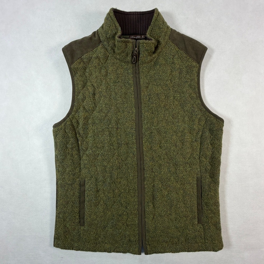 J.McLaughlin Womens Medium Quilted Wool Vest Olive Green Suede Trim Full Zip